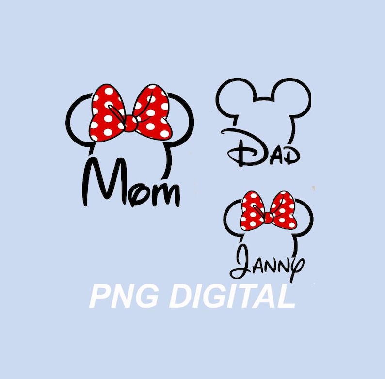 May include: Three black line art designs featuring mouse ear silhouettes. One includes a red and white polka dot bow with the text Mom, one features the text Dad, and one includes a red and white polka dot bow with the text Janny. PNG DIGITAL text.