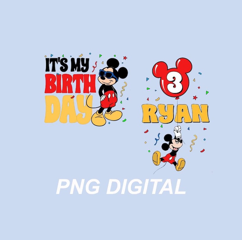 May include: Digital graphic featuring Mickey Mouse wearing sunglasses with the text IT'S MY BIRTHDAY in red and yellow, alongside a second graphic of Mickey Mouse holding a red balloon with the number 3 and the name RYAN in yellow text.