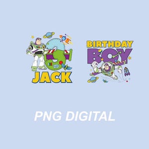 May include: A digital graphic featuring Buzz Lightyear with a large green number three, the name JACK, and the text BIRTHDAY BOY. The design includes space-themed elements like rockets, planets, and stars in vibrant colors on a light blue background.