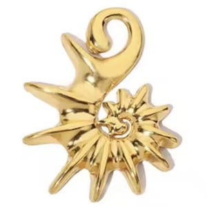 May include: A gold-coloured earring with an abstract shape, featuring a spiral and curved design. The earring has a polished, reflective surface and a unique, artistic form. The design is reminiscent of a seashell or a stylized flower.