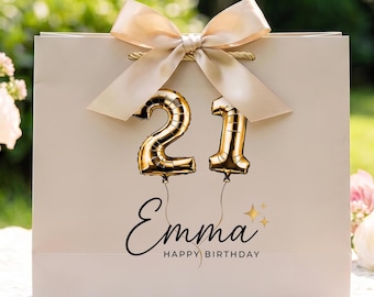 Personalized 21st Birthday Gift Bag, Custom Name Birthday Bag with Gold Balloon Numbers, Elegant Black Bow Gift Bag for Her