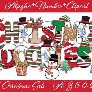 Può includere: Grafica festiva a tema natalizio con la scritta "CHRISTMAS DOODLES" in lettere colorate e decorate. Il design include pupazzi di neve, renne e scatole regalo, con il testo "7 Christmas Sets A-Z & 0-9" in basso.