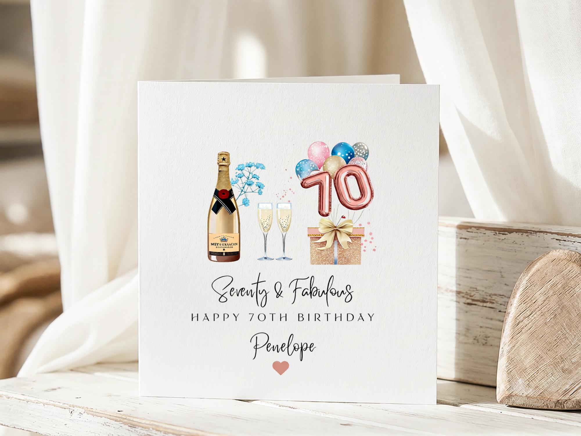 70th Birthday Card With Name Personalised Champagne & Balloons ...
