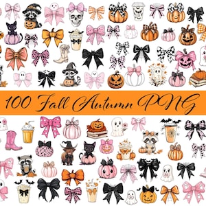 May include: A collection of 100 fall-themed PNG graphics. The illustrations include pumpkins, bows, ghosts, raccoons, coffee cups, and cowboy boots. The color palette features orange, pink, black, and white. Text on the image reads "100 Fall Autumn PNG".