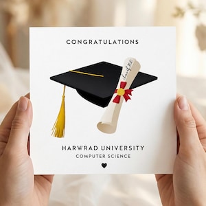 May include: A graduation card featuring a black mortarboard with a gold tassel and a scroll tied with a red ribbon. The card says "CONGRATULATIONS" and "HARWRAD UNIVERSITY COMPUTER SCIENCE".