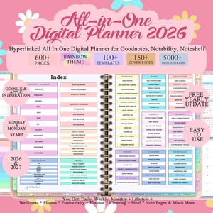 May include: A digital planner with a rainbow theme, labeled "All-in-One Digital Planner 2026." It features over 600 pages, 100+ templates, 150+ cover pages, and 5000+ digital stickers. Includes Google & Apple integration, and a free yearly update.