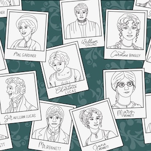 Pride & Prejudice Character Coloring Pages | Jane Austen Inspired | Darcy | Elizabeth | Jane | Bingley | Regency Era | Jane Austen Book Club