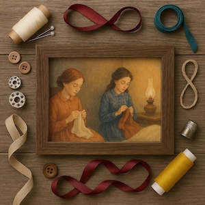 Little Women Art Print: March Sisters Sewing, Classic Book Inspired (Digital Download)
