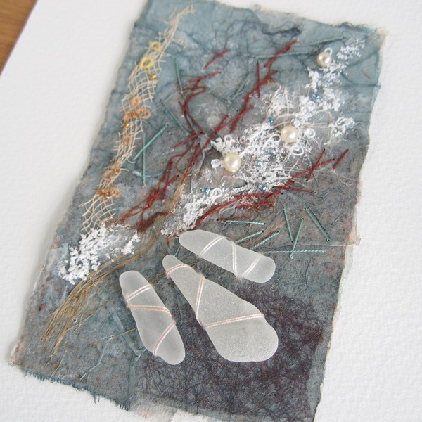 Seashore Art, mixed media original with sea glass