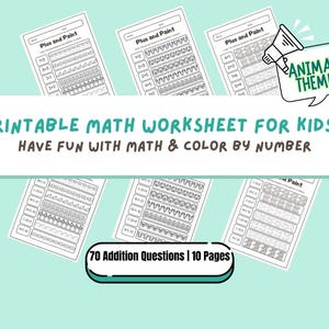 Color by Number Math Worksheet | 70 Addition Questions | Animal Theme | PDF for Elementary | Fun Printable Activity