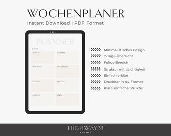 Op de afbeelding: Een digitale weekplanner op een tablet, met een minimalistisch ontwerp en Duitse tekst. De lay-out bevat secties voor elke dag van de week. De tekst "Instant Download | PDF Format" is inbegrepen. De planner is afdrukbaar in A4-formaat.