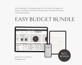May include: An Easy Budget Bundle graphic with a tablet, phone, and laptop displaying financial planning templates. The laptop shows a spreadsheet with charts. The phone displays the Easy Budget logo. The tablet shows a planner.