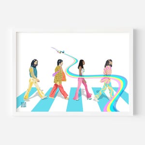 Cosmic Abbey Road – A Psychedelic Pop Art Print Reimagining the Iconic Beatles Walk with Retro Colours and Rainbow Jetstreams