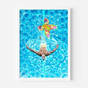 Swimmer Wall Art Print Abstract Swimming Pool Poster Colourful Urban Sports Decor Vibrant Pool Scene Fitness Art Swimmer in Butterfly Stroke