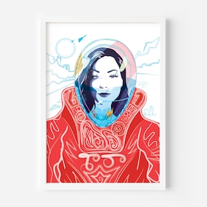 Astronaut Woman Art Print – Futuristic Space Helmet Portrait with Red Suit and Cosmic Details Surreal Sci-Fi Female Astronaut Print