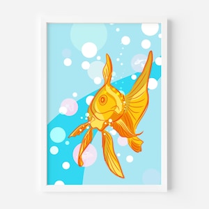 Niedliches Goldfisch Kunstwerk – Leuchtend orange Fisch Illustration – Küstendekor für Kinderzimmer – Aquarium inspirierte Wandkunst Goldfisch Digitale Zeichnung