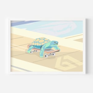 Pastel Turtle Skateboard Art. Cute Animal Print, Modern Design. Whimsical Turtle Skater. Quirky Animal Art, Playful Decor peedy Turtle Print