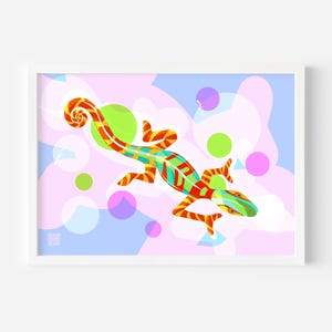 Vibrant Chameleon Art Print - Colourful Reptile Decor - &quot;Look Twice&quot; Dynamic Lizard Abstract Chameleon on Bubbles - Whimsical Wildlife