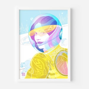 Vibrant Astronaut Girl Art Print – Retro Sci-Fi Wall Art – Futuristic Colourful Illustration – Pop Space Poster Decor  Futurism Pop Decor