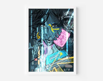 NeoSignal Art Prints – Cyberpunk Wall Art, Glitch Style, Futuristic Portrait Posters Pop Art Meets Technology, Retro-Futurist Digital Prints