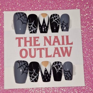 Wednesday Addams Inspired Press On Nails Hand Painted Spiderweb Gothic Nail Set Size Medium In Short Length Coffin Shaped