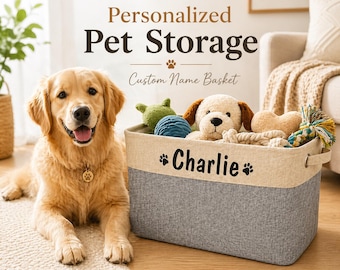 Personalized Dog Toy Basket, Custom Pet Storage Bin with Name, Foldable Fabric Dog Toy Organizer, Puppy Toy Box, Dog Lover Gift