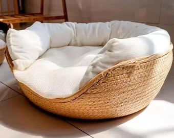 Cama para mascotas tejida a mano en bambú | Cama acogedora para perros y gatos con cojín | Cesta para mascotas estilo boho | Almohada lavable y extraíble | Cama nido para mascotas pequeñas