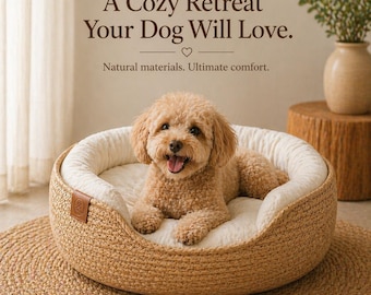 Handwoven Bamboo Pet Bed for Dogs & Cats | Cozy Boho Pet Basket with Cushion | Washable Removable Pillow | Small Pet Nest Bed