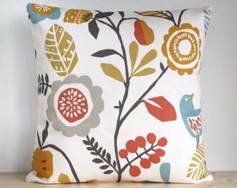 Scandinavian Cushion Cover, Orange Pillow Cover, Folk Pillow Sham, Scandi, Scandinavian, birds and flowers, 12x12, 16x16, 18x18, 20x20