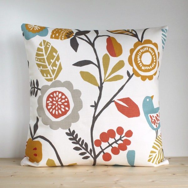 Scandinavian Cushion Cover, Orange Pillow Cover, Folk Pillow Sham, Scandi, Scandinavian, birds and flowers, 12x12, 16x16, 18x18, 20x20