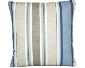 Striped Cushion Cover in Blues, Beiges and Greys, Modern Pillow Cover, Handmade in Great Britain, 10x10 12x12 14x14 16x16 18x18 20x20 square