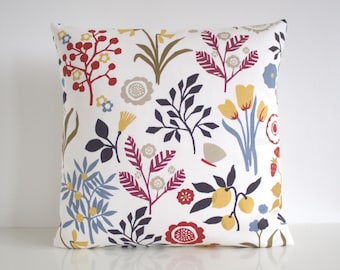 Flower Pillow Cover, Cotton Pillow Case, Floral Pillow Cover, Decorative Cushion Cover, Pillow Slip, Toss Pillow - Folk Flowers Dusky Blue