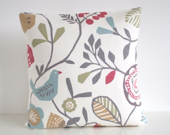 Scandinavian Flowers and Birds Pillow Cover, Pink Green Blue Grey Cushion Cover, 10x10 12x12 14x14 16x16 18x18 20x20, Handmade in UK