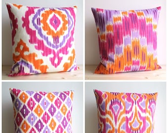 Ikat Cushion Cover in Orange and Pink, Ikat Linen Look Pillow Cover, Birthday Gift Idea, Handmade in England