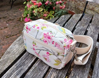 Ready to ship, Small shoulder bag with pretty birds and flowers, Gift idea for birthday, Handmade in Great Britain, Pink green blue