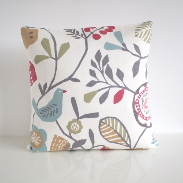 Scandinavian Flowers and Birds Pillow Cover, Pink Green Blue Grey Cushion Cover, 10x10 12x12 14x14 16x16 18x18 20x20, Handmade in UK