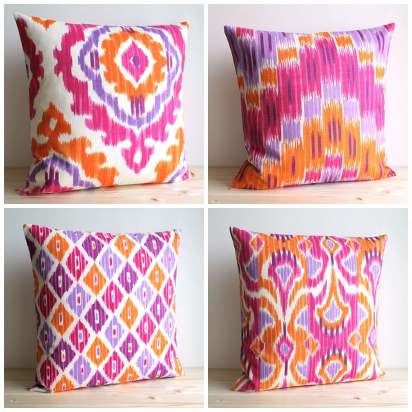 Ikat Cushion Cover in Orange and Pink, Ikat Linen Look Pillow Cover, Birthday Gift Idea, Handmade in England