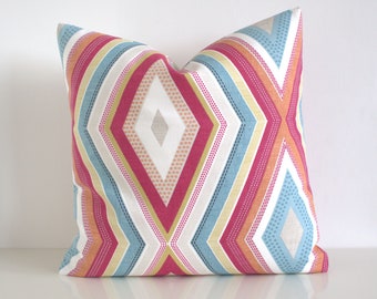 10x10 12x12 14x14 16x16 18x18 20x20 Geometric Pillow Cover, Pink and Blue Square Cushion Cover, Pillow Sham with Multi Diamond Print Pattern