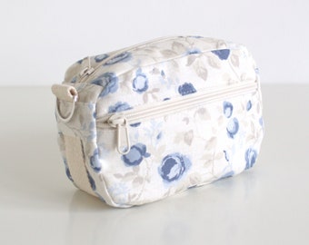 Ready to ship, Small shoulder bag with shabby chic flowers, Wear as crossbody or fanny pack, Handmade in Great Britain, Blue and off white