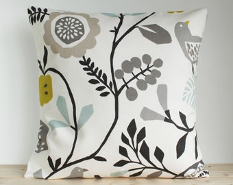 Scandinavian Pillow Cover, Grey Cushion Cover, Folk Pillow Sham, Throw Pillow Cover, Sofa Pillows, Cotton - Folk Doves Chartreuse