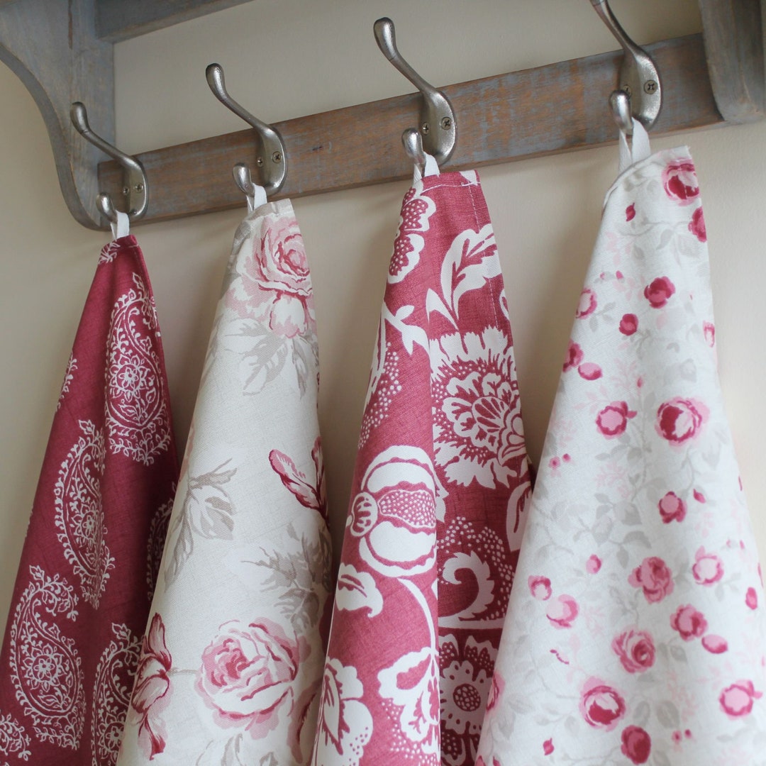 Mix and Match Tea Towel Set of 3 or 4, Shabby Chic Raspberry and White ...