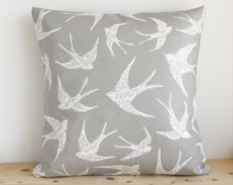 Bird Pillow Cover, 16x16, Pillow Sham, 18x18, Cushion Cover, 20x20, Pillow Case, Gray Pillow slip, Cotton Pillowcase - Swallows Grey