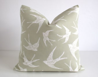Bird Pillow Cover, 16x16, Pillow Sham, 18x18, Cushion Cover, 20x20, Pillow Case, Green Pillow slip, Cotton Pillowcase - Swallows Sage