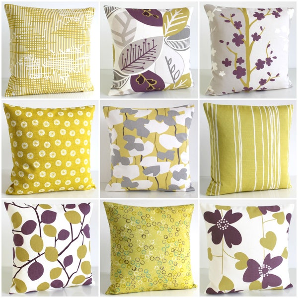 Scandi Collection of Purple and Mustard Cushion Cover, Square Pillow Cover with Leaves Trees Flowers Circles Stripes, Housewarming Gift