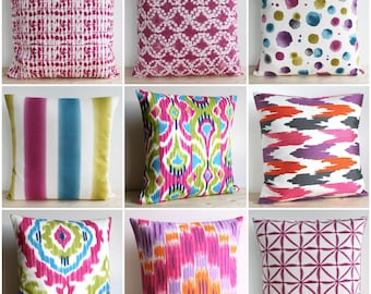 Kissenbezug in Pink, Grün und Himbeere, Ikat und Batik Kissenbezug, handgefertigt in Großbritannien, Geschenk für Zuhause