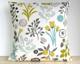 Flower Pillow Cover, Cotton Pillow Case, Floral Pillow Cover, Decorative Cushion Cover, Pillow Slip, Toss Pillow - Folk Flowers Chartreuse