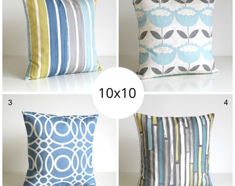 10x10 pillow cover, mix and match, 4 designs, stripes, flowers, circles, rings, cushion cover - Blue and Citrus Collection