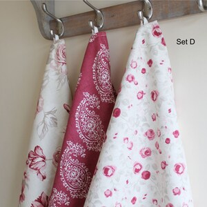 Mix and Match Tea Towel Set of 3 or 4, Shabby Chic Raspberry and White ...