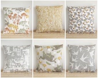 Yellow and Grey Cushion Covers, Modern Country Pillow Covers with Wildlife and Flowers, 10x10 12x12 14x14 16x16 18x18 20x20, Gift for Family