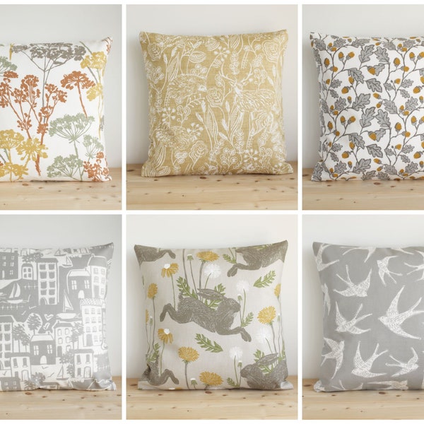 Yellow and Grey Cushion Covers, Modern Country Pillow Covers with Wildlife and Flowers, 10x10 12x12 14x14 16x16 18x18 20x20, Gift for Family